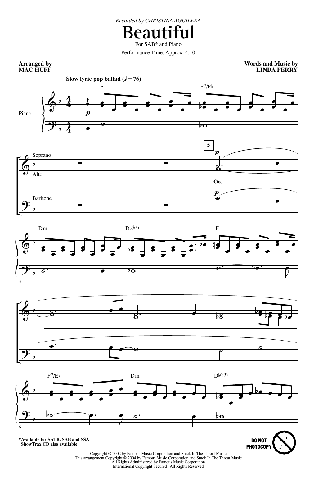 Christina Aguilera Beautiful Arr Mac Huff Sheet Music Download Pdf Score 435832