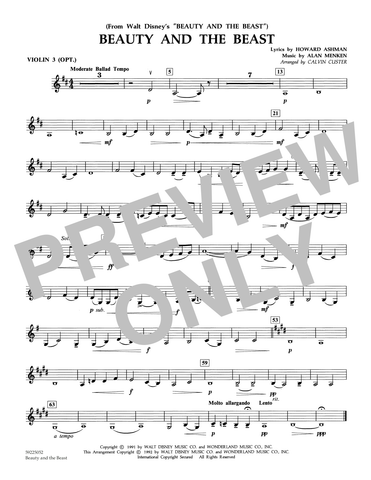 Alan Menken Beauty And The Beast Arr Calvin Custer Violin 3 Viola T C Sheet Music Download Pdf Score 371537