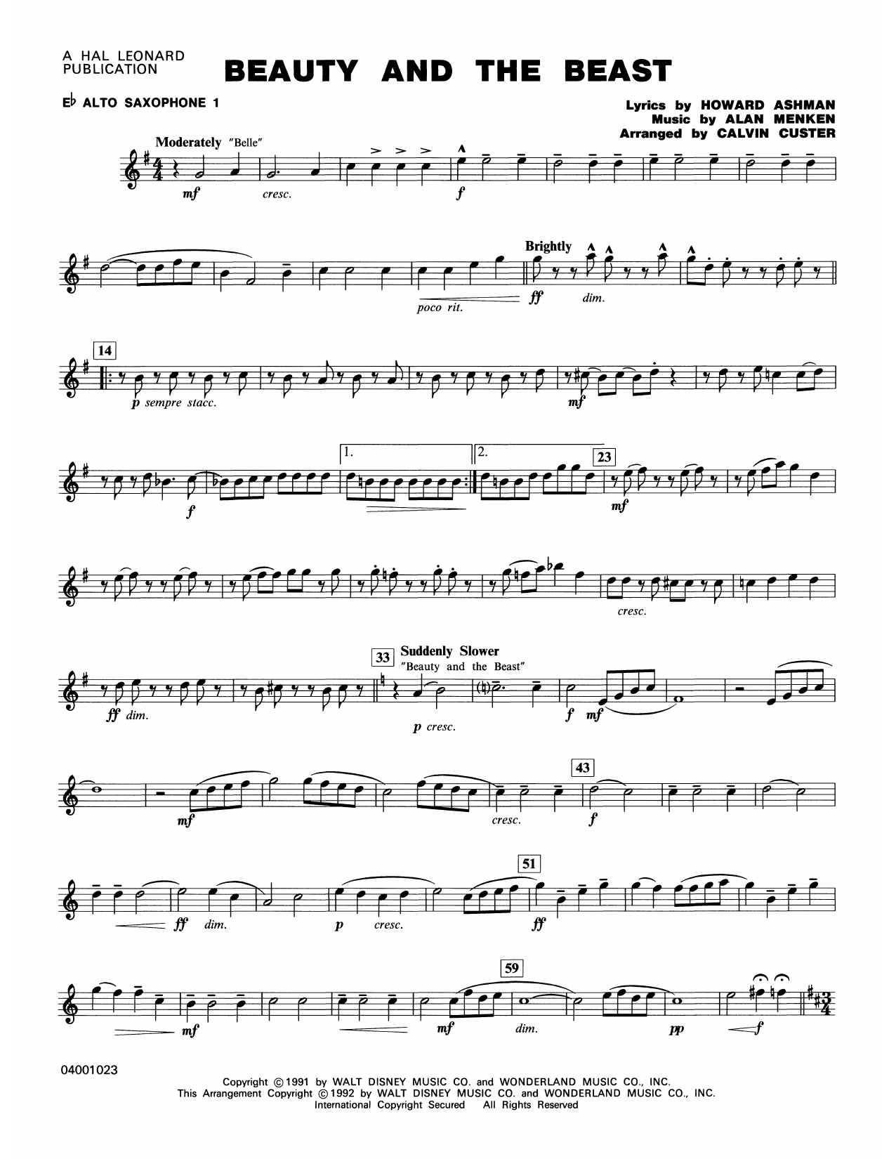 Calvin Custer Beauty And The Beast Medley Eb Alto Saxophone 1 Sheet Music Download Pdf Score 366283