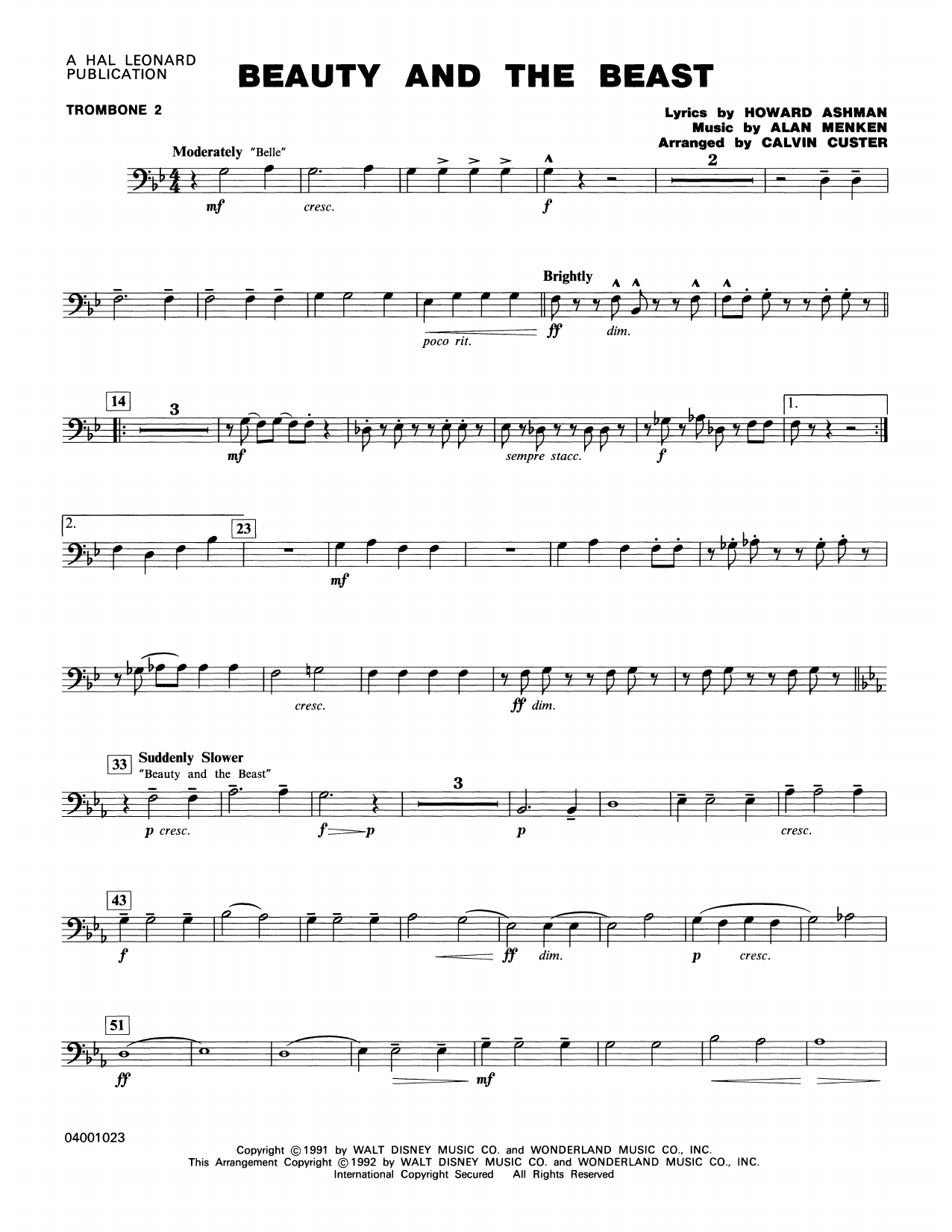 Calvin Custer Beauty And The Beast Medley Trombone 2 Sheet Music Download Pdf Score 366296