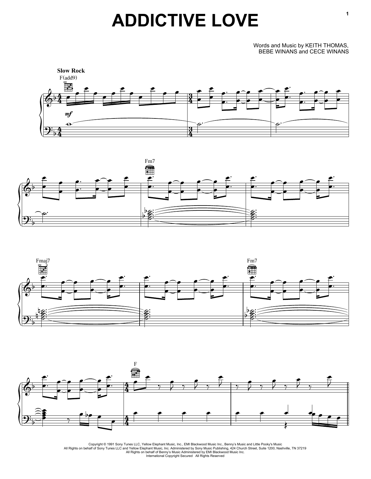 BeBe and CeCe Winans Addictive Love Sheet Music Notes & Chords for Piano, Vocal & Guitar Chords (Right-Hand Melody) - Download or Print PDF