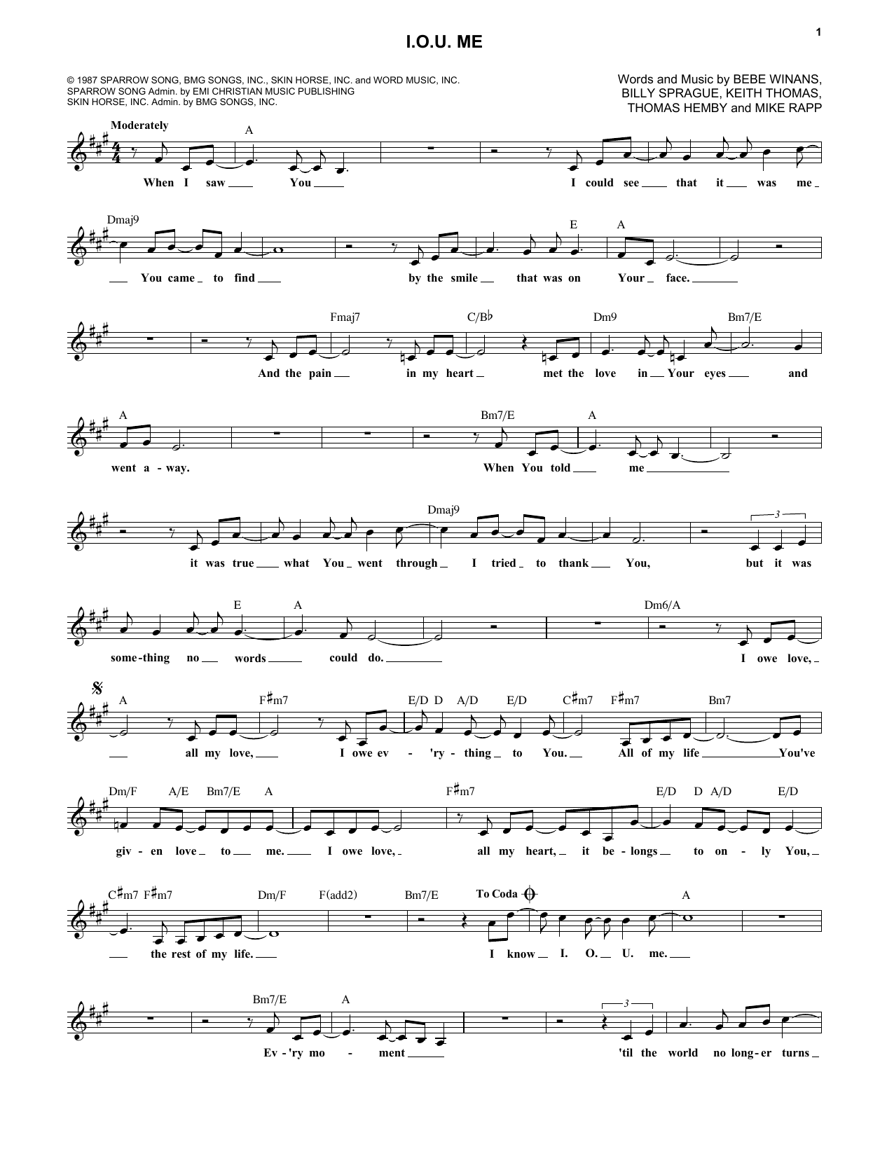 BeBe and CeCe Winans I.O.U. Me Sheet Music Notes & Chords for Piano, Vocal & Guitar Chords (Right-Hand Melody) - Download or Print PDF