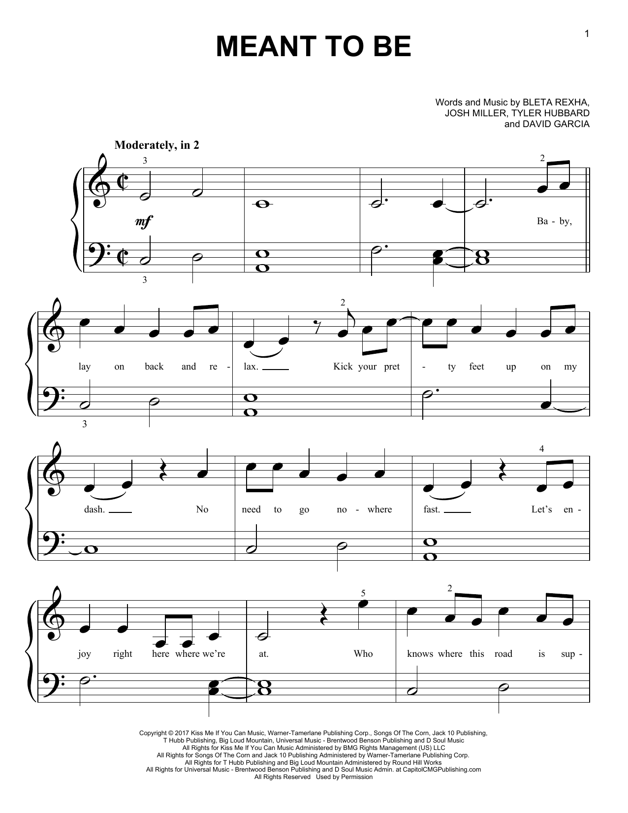 Bebe Rexha & Florida Georgia Line Meant To Be Sheet Music Notes & Chords for Big Note Piano - Download or Print PDF