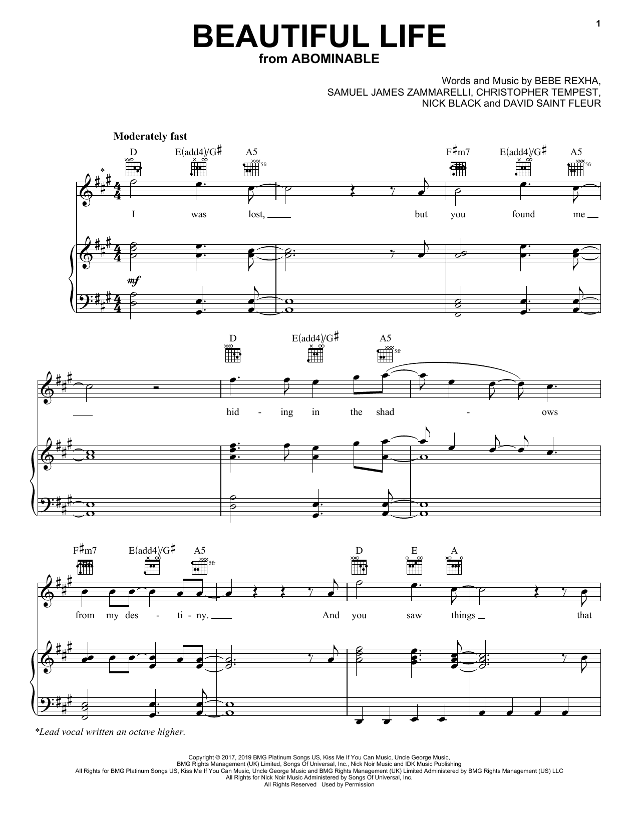 Bebe Rexha Beautiful Life (from the Motion Picture Abominable) Sheet Music Notes & Chords for Piano, Vocal & Guitar (Right-Hand Melody) - Download or Print PDF