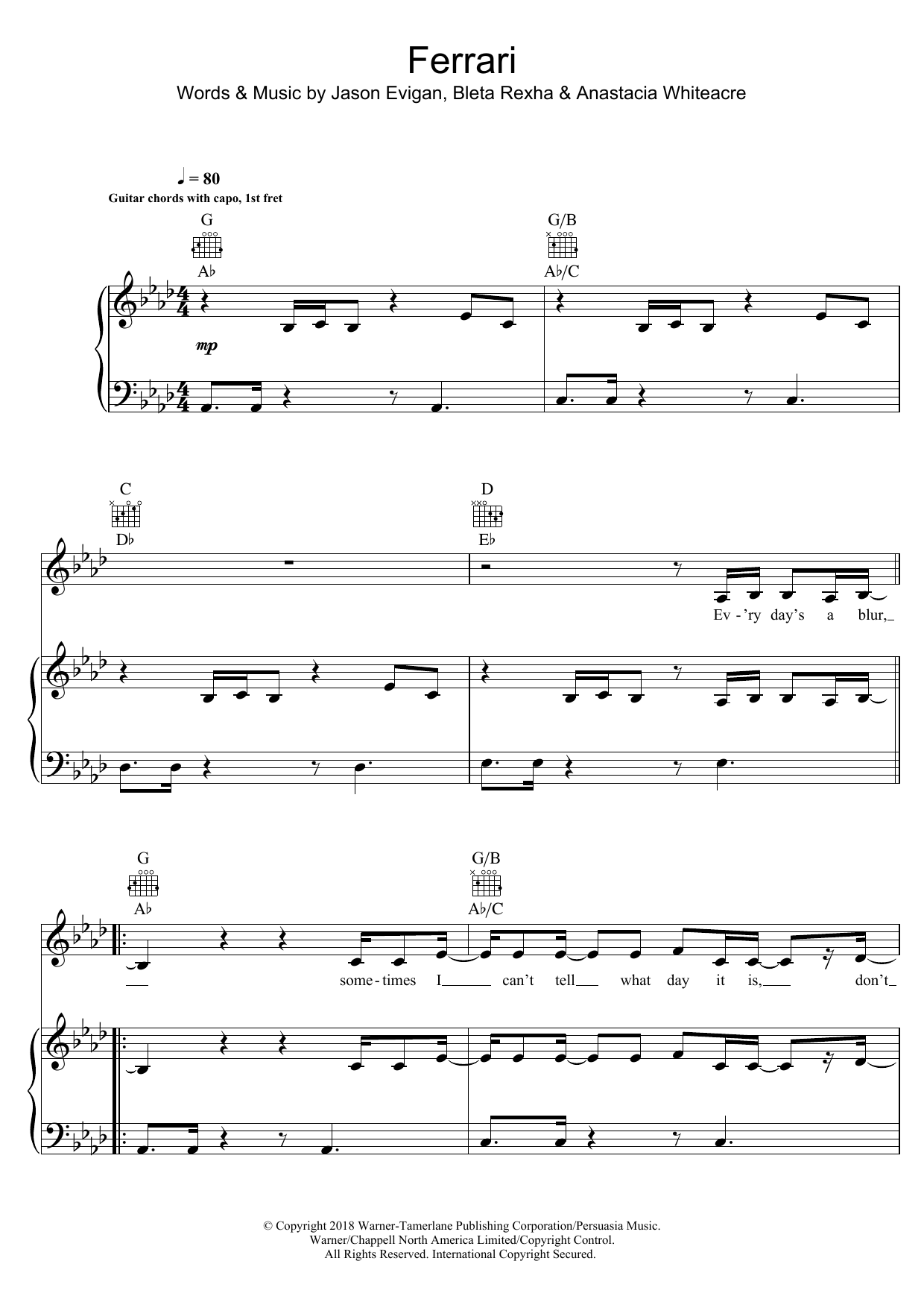 Bebe Rexha Ferrari Sheet Music Notes & Chords for Piano, Vocal & Guitar (Right-Hand Melody) - Download or Print PDF