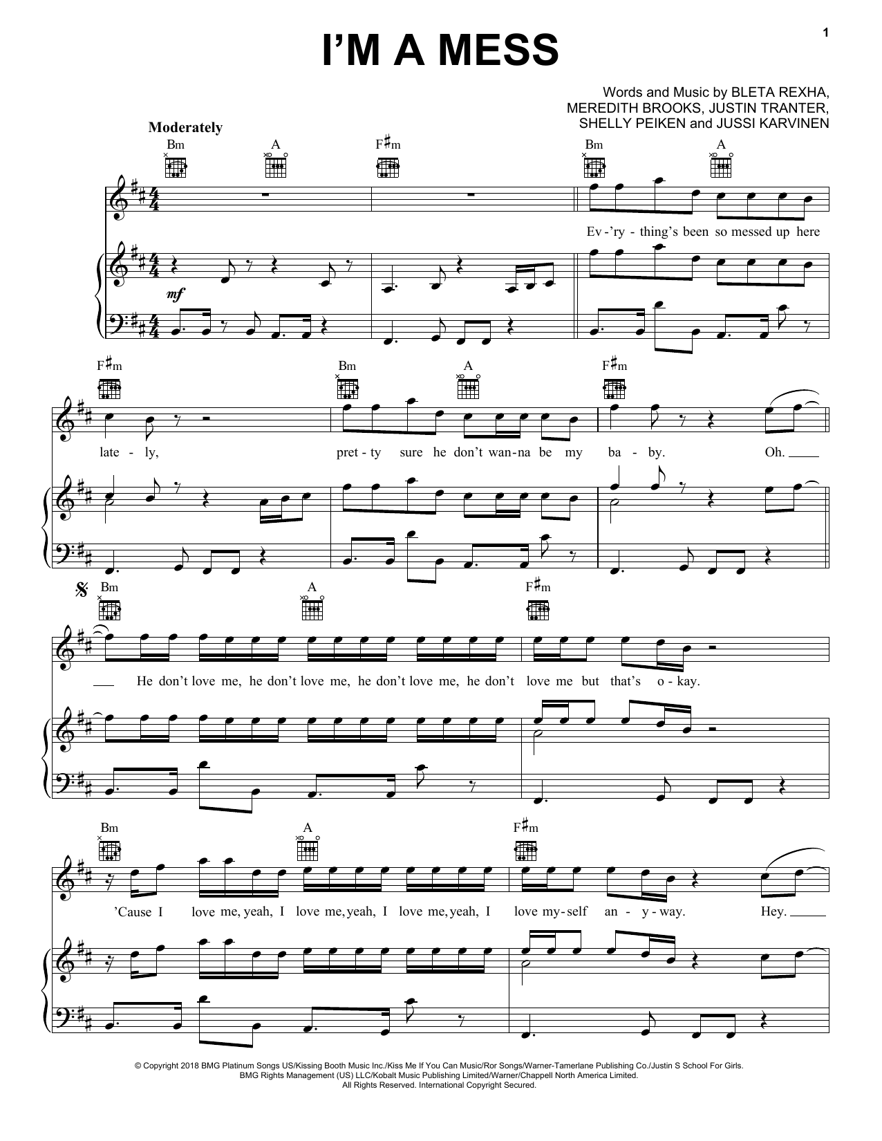 Bebe Rexha I'm A Mess Sheet Music Notes & Chords for Piano, Vocal & Guitar (Right-Hand Melody) - Download or Print PDF