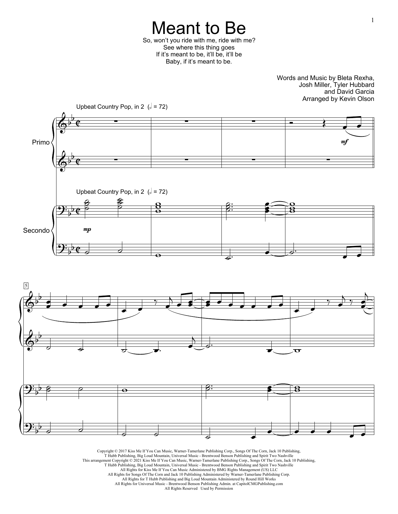 Bebe Rexha Meant To Be (feat. Florida Georgia Line) (arr. Kevin Olson) Sheet Music Notes & Chords for Piano Duet - Download or Print PDF