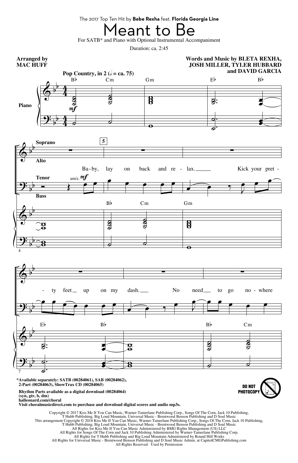 Bebe Rexha Meant To Be (feat. Florida Georgia Line) (arr. Mac Huff) Sheet Music Notes & Chords for 2-Part Choir - Download or Print PDF