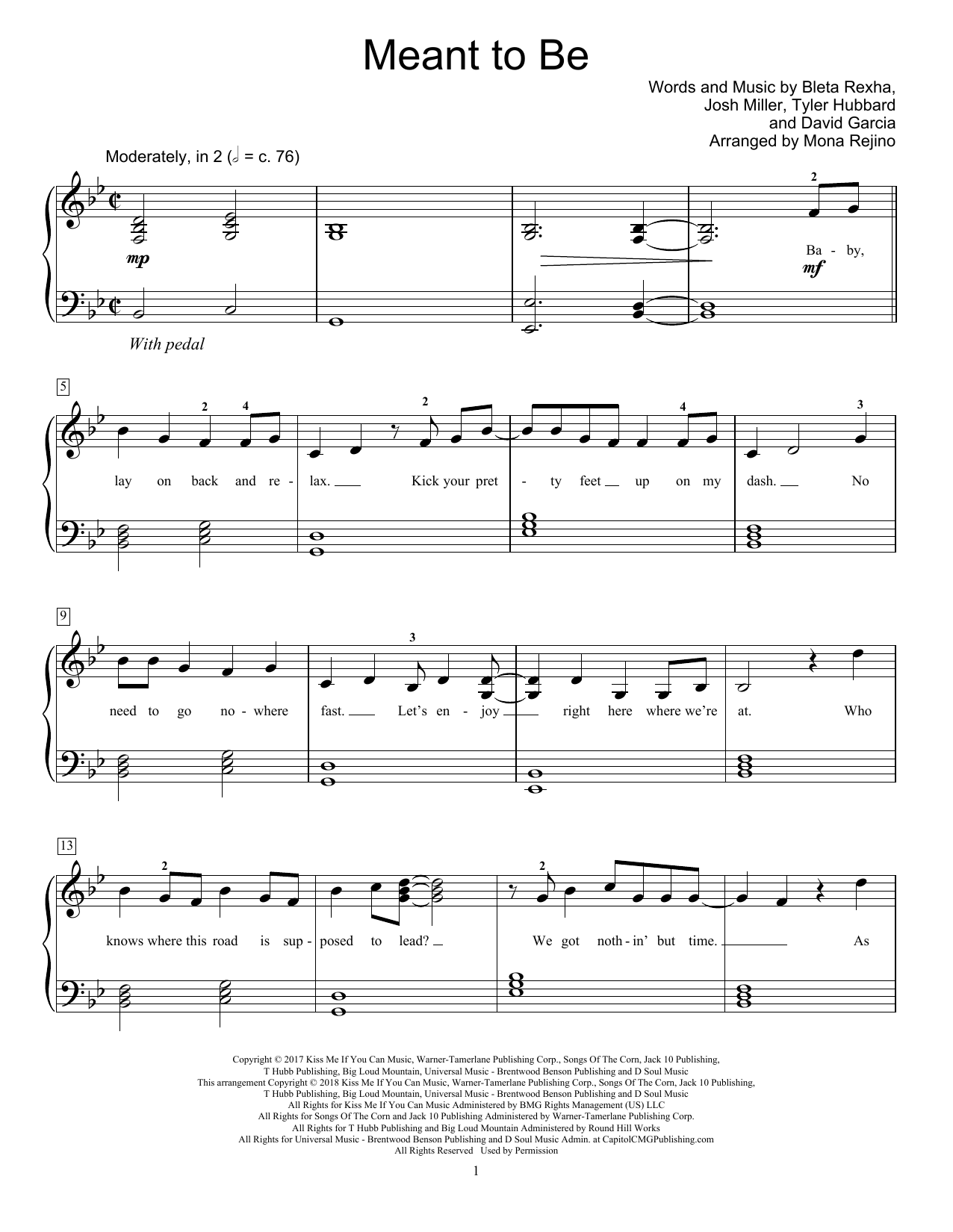 Bebe Rexha Meant To Be (feat. Florida Georgia Line) (arr. Mona Rejino) Sheet Music Notes & Chords for Educational Piano - Download or Print PDF
