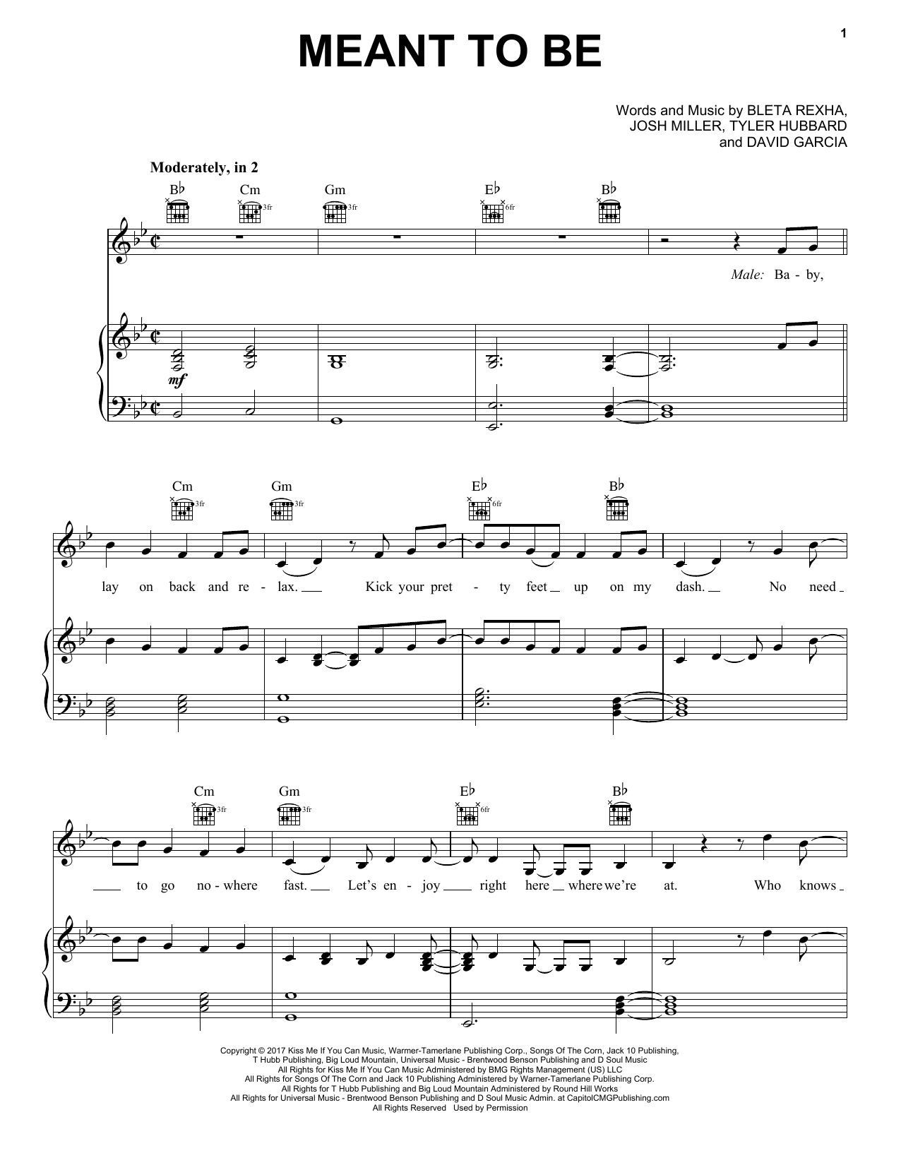 Bebe Rexha & Florida Georgia Line Meant To Be Sheet Music Notes & Chords for Big Note Piano - Download or Print PDF