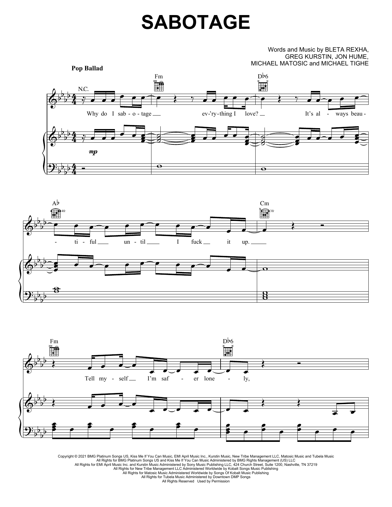 Bebe Rexha Sabotage Sheet Music Notes & Chords for Piano, Vocal & Guitar (Right-Hand Melody) - Download or Print PDF Bebe Rexha Sabotage Sheet Music Notes & Chords for Piano, Vocal & Guitar (Right-Hand Melody) - Download or Print PDF
