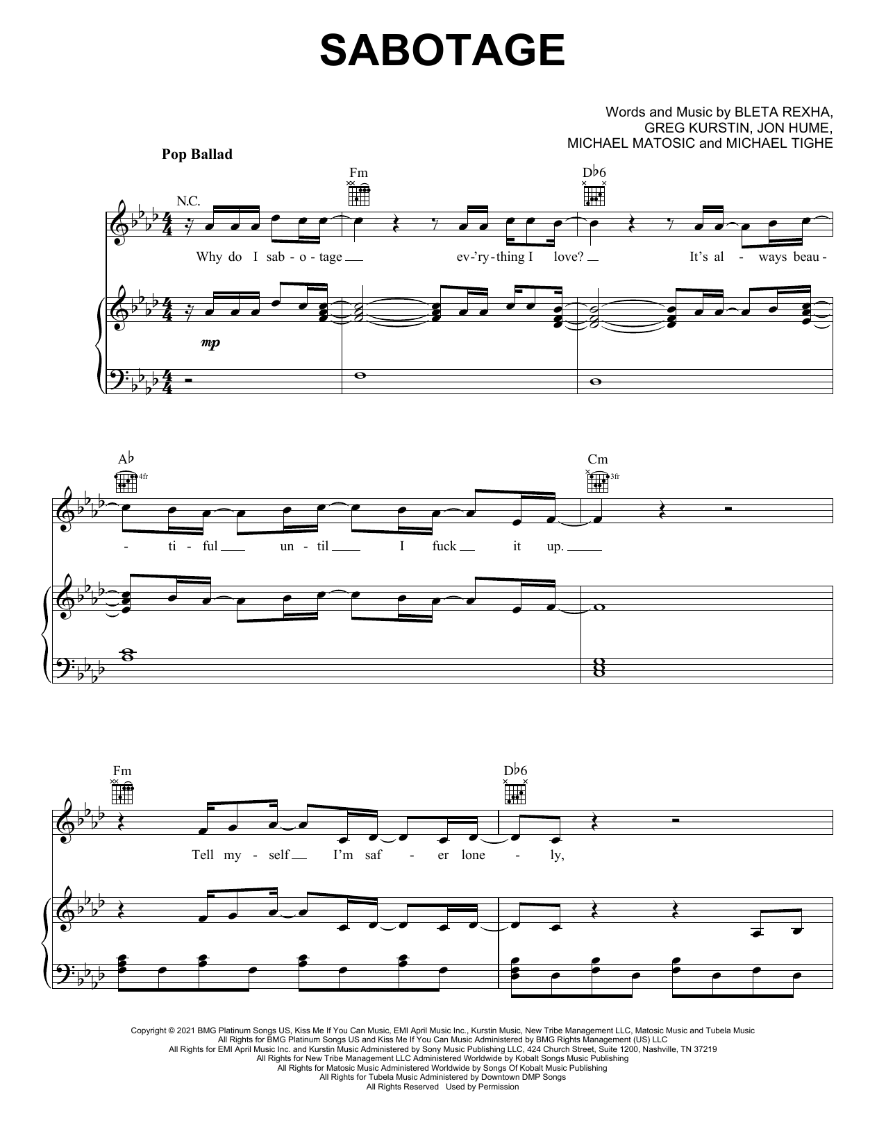 Bebe Rexha Sabotage Sheet Music Notes & Chords for Piano, Vocal & Guitar (Right-Hand Melody) - Download or Print PDF