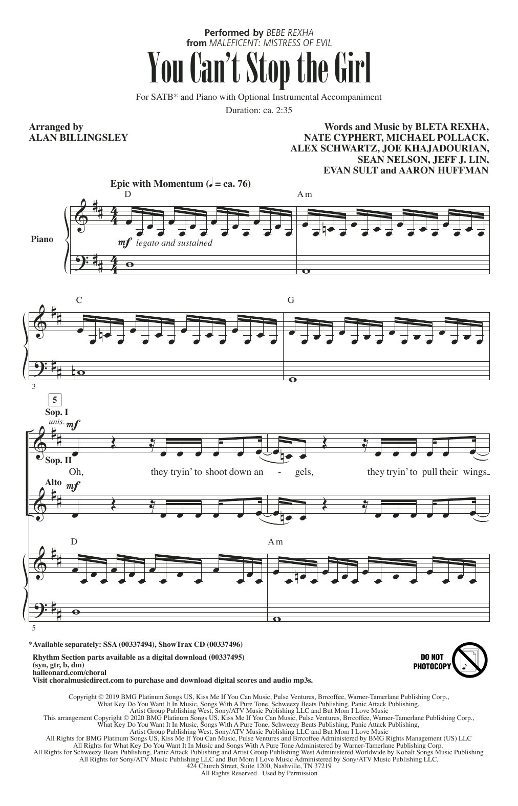 Bebe Rexha You Can't Stop The Girl (from Disney's Maleficent: Mistress of Evil) (arr. Alan Billingsley) Sheet Music Notes & Chords for SSA Choir - Download or Print PDF