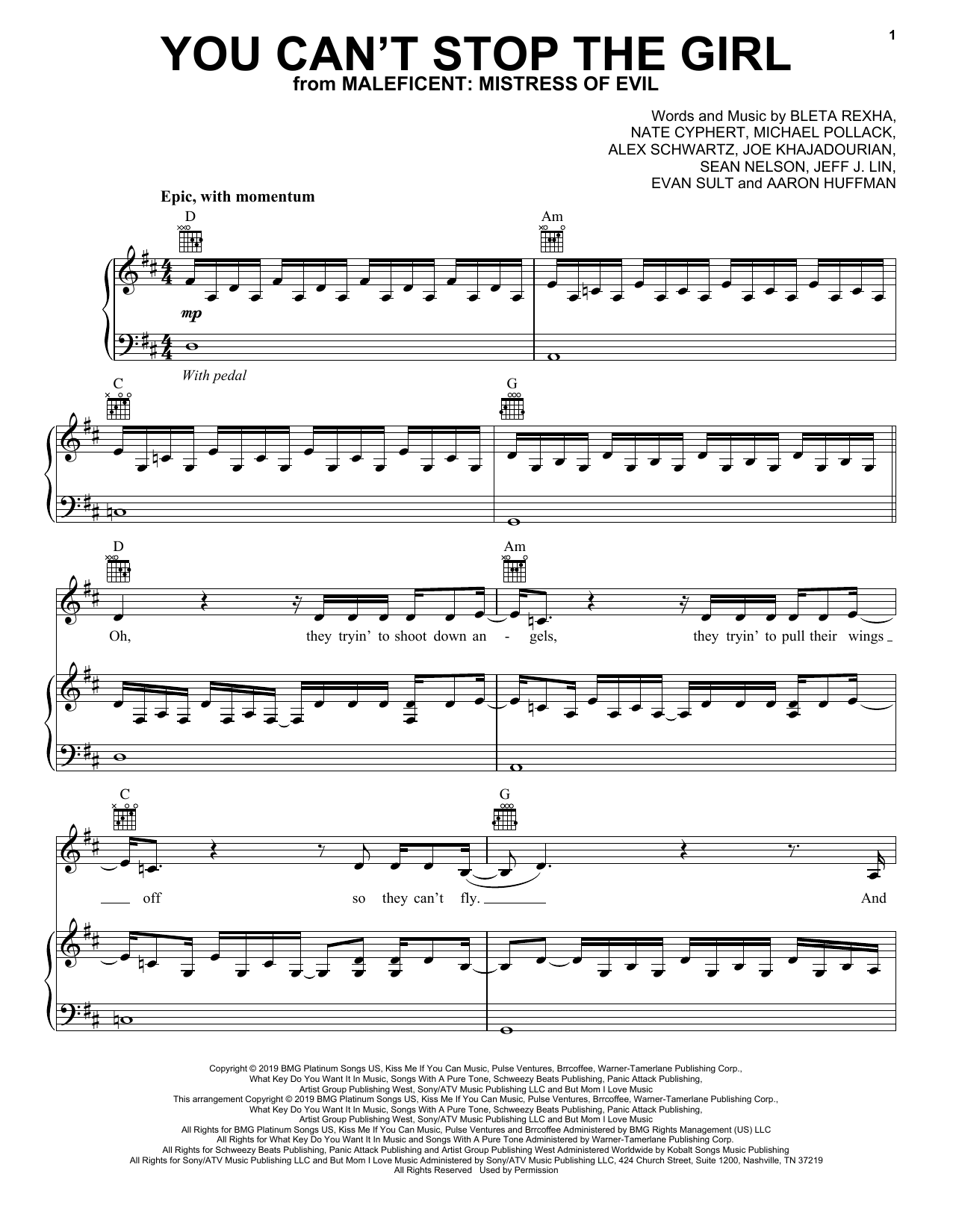 Bebe Rexha You Can't Stop The Girl (from Disney's Maleficent: Mistress of Evil) Sheet Music Notes & Chords for Piano, Vocal & Guitar (Right-Hand Melody) - Download or Print PDF