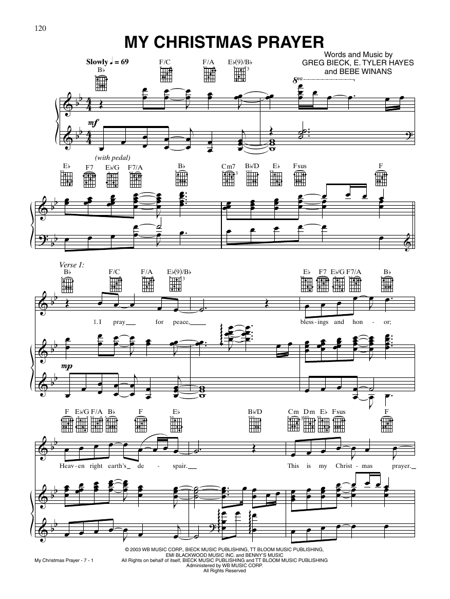 BeBe Winans My Christmas Prayer Sheet Music Notes & Chords for Piano, Vocal & Guitar Chords (Right-Hand Melody) - Download or Print PDF