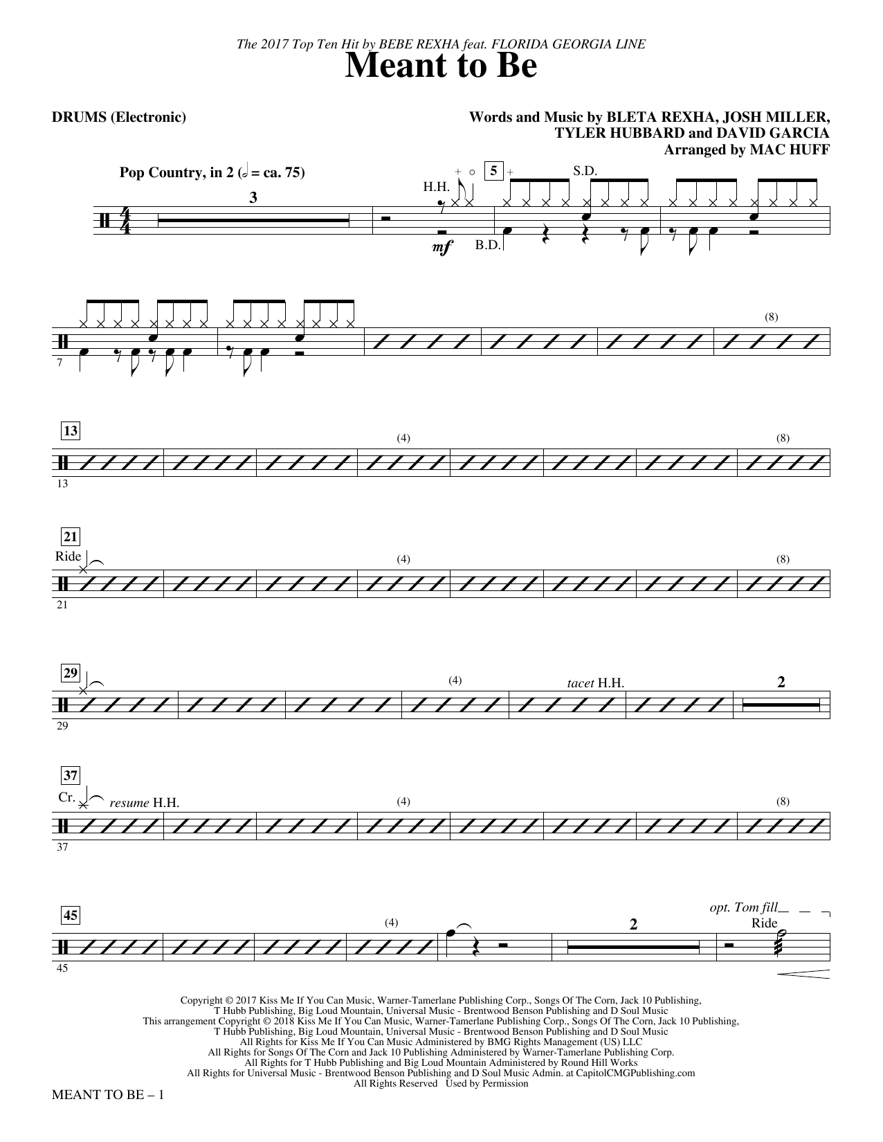 Meant to Be (Feat. Florida Georgia Line) (arr. Mac Huff) - Drums sheet music
