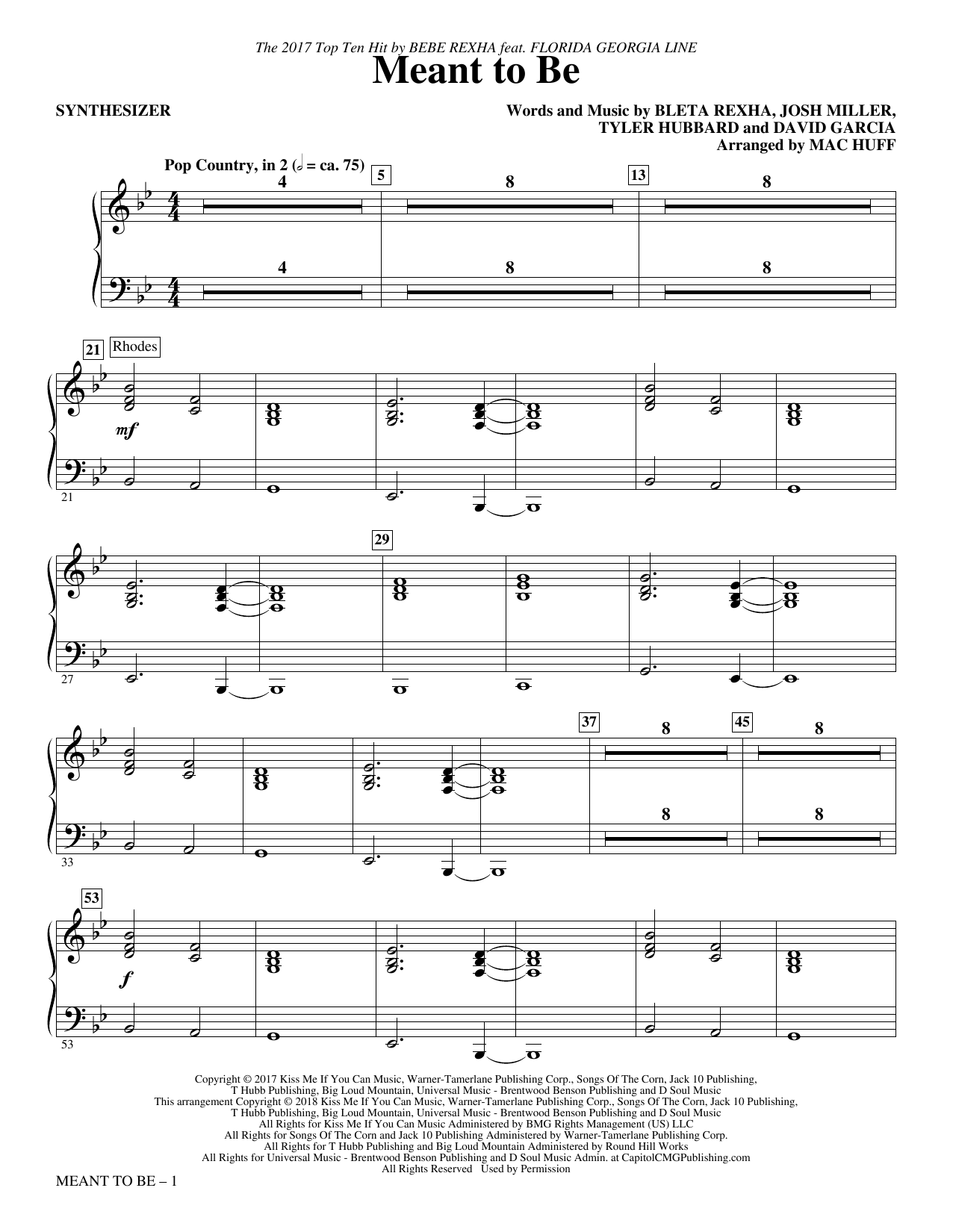 Meant to Be (Feat. Florida Georgia Line) (arr. Mac Huff) - Synthesizer sheet music