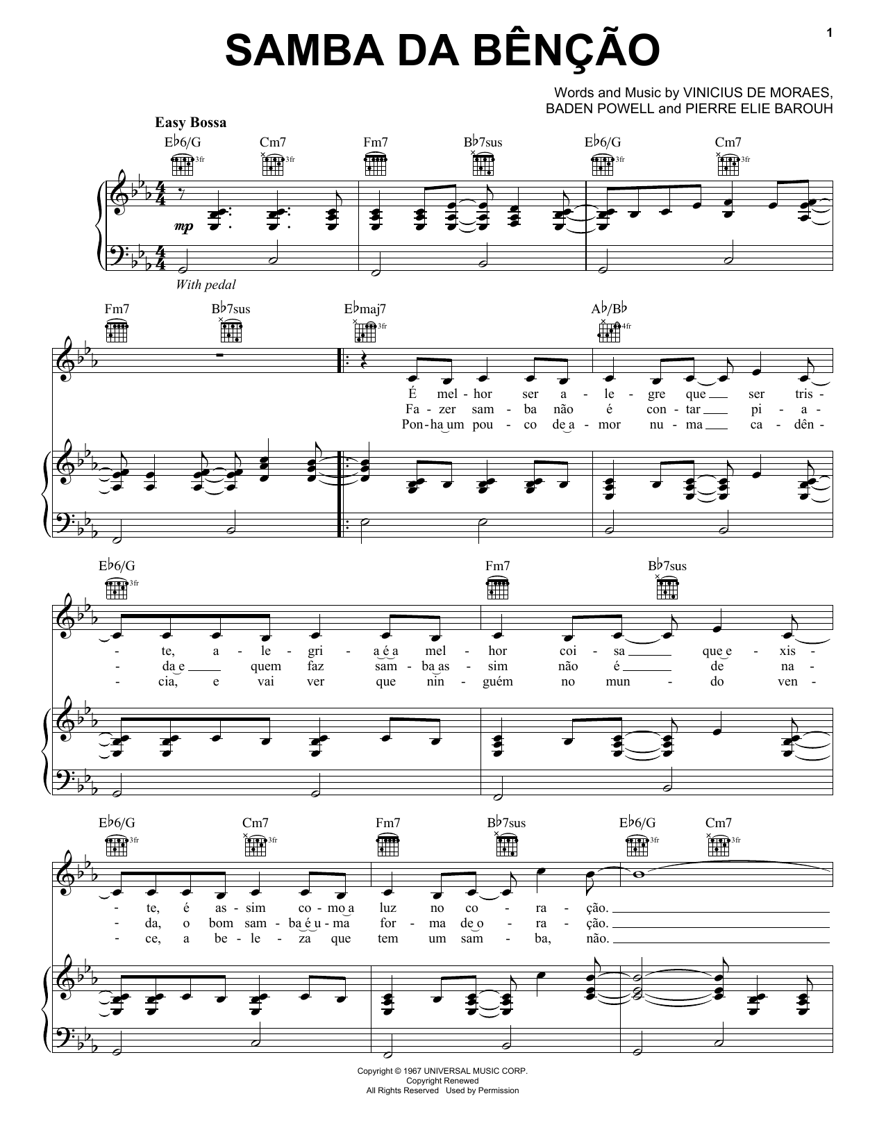Bebel Gilberto Samba da Bencao Sheet Music Notes & Chords for Piano, Vocal & Guitar (Right-Hand Melody) - Download or Print PDF