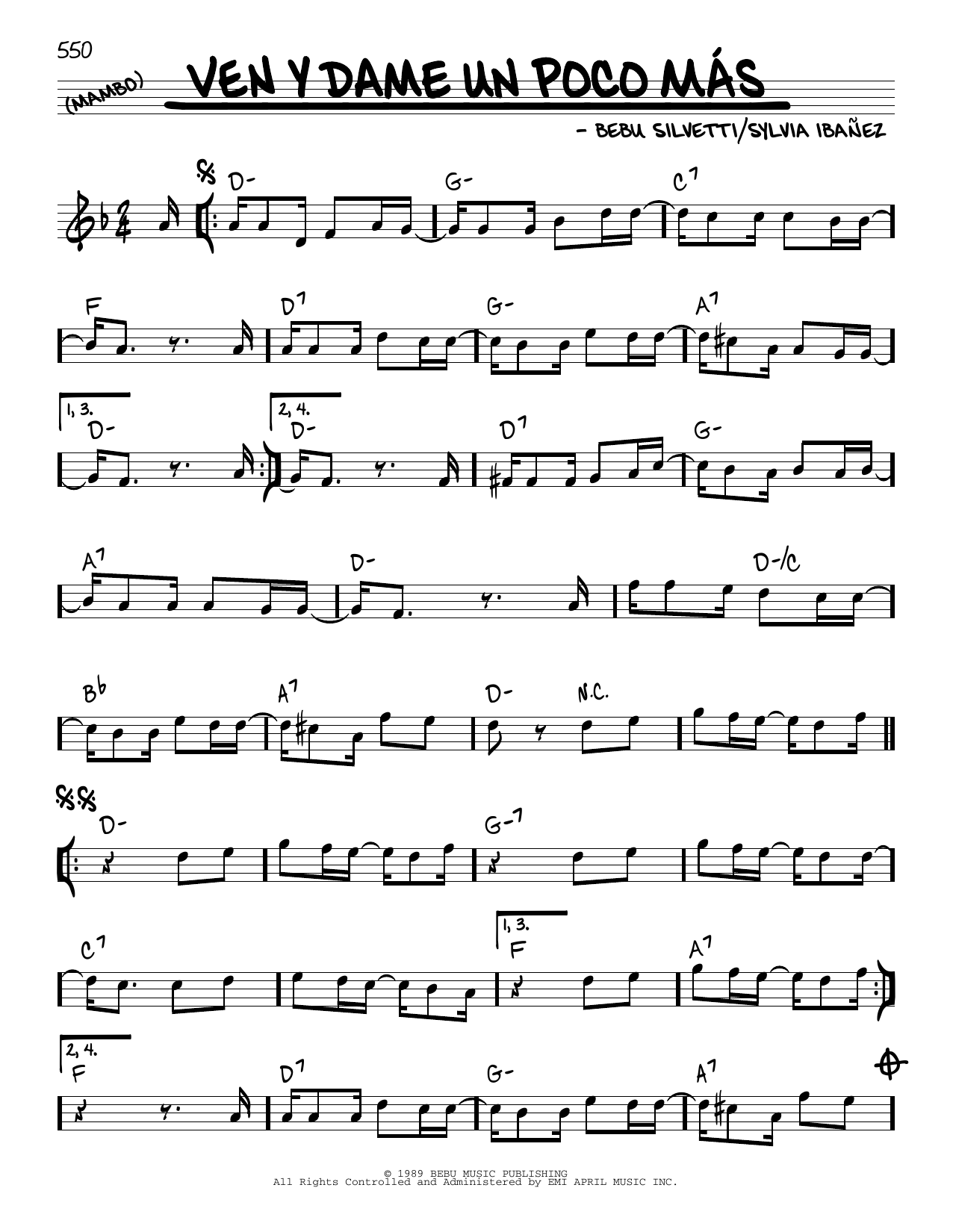 Bebu Silvetti Ven Y Dame Un Poco Mas Sheet Music Notes & Chords for Real Book – Melody & Chords - Download or Print PDF Bebu Silvetti Ven Y Dame Un Poco Mas Sheet Music Notes & Chords for Real Book – Melody & Chords - Download or Print PDF