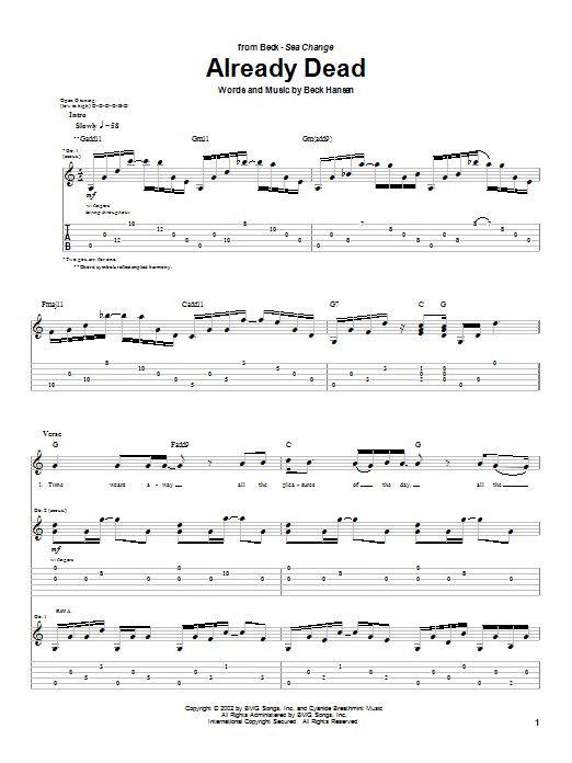Preview Beck Already Dead Rock sheet music, notes and chords for Guitar Tab, SKU: 25380 Already Dead sheet music