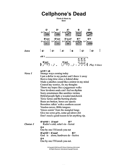 Beck Cellphone's Dead Sheet Music Notes & Chords for Lyrics & Chords - Download or Print PDF