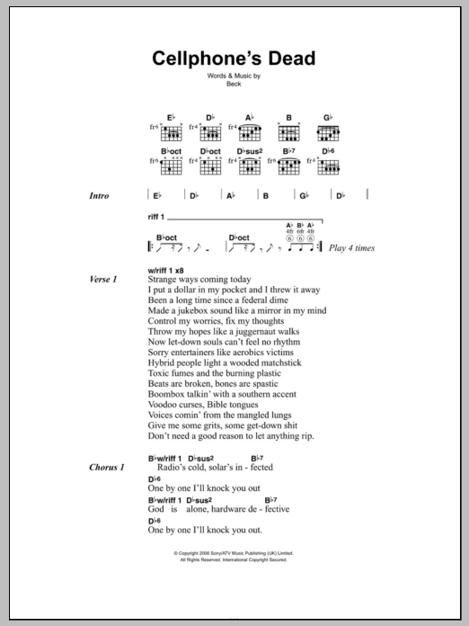 Beck Cellphone's Dead Sheet Music Notes & Chords for Lyrics & Chords - Download or Print PDF