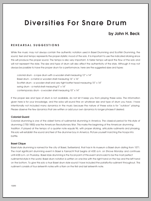 Preview Beck Diversities For Snare Drum Unclassified sheet music, notes and chords for Percussion, SKU: 124779 Diversities For Snare Drum sheet music