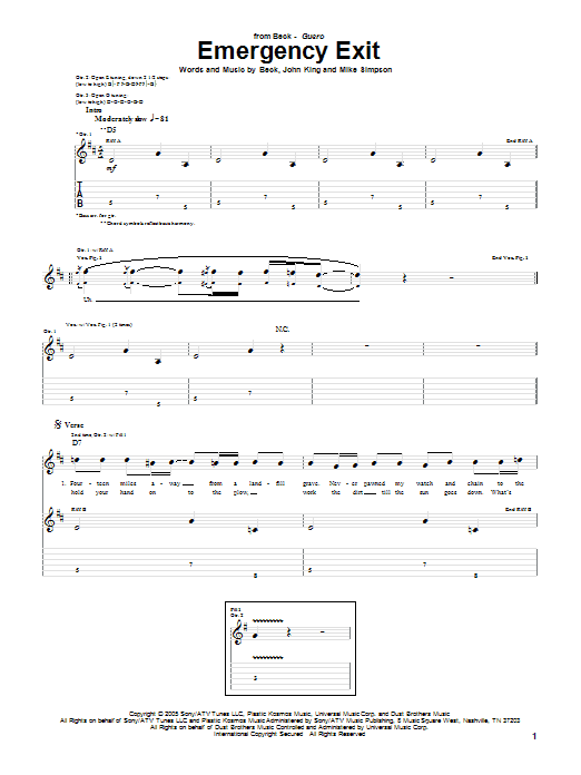 Beck Emergency Exit Sheet Music Notes & Chords for Guitar Tab - Download or Print PDF