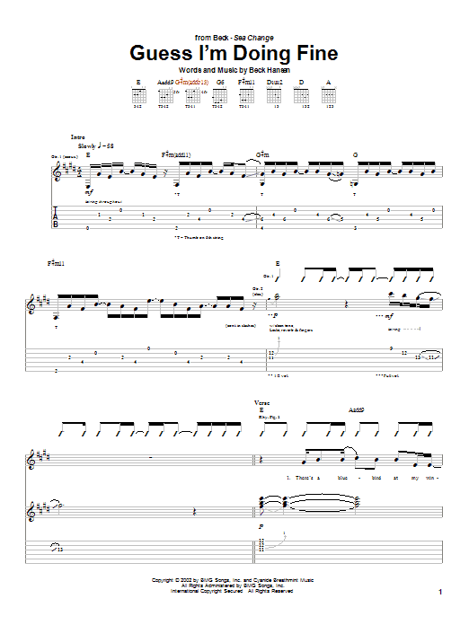 Preview Beck Guess I'm Doing Fine Rock sheet music, notes and chords for Guitar Tab, SKU: 25382 Guess I'm Doing Fine sheet music