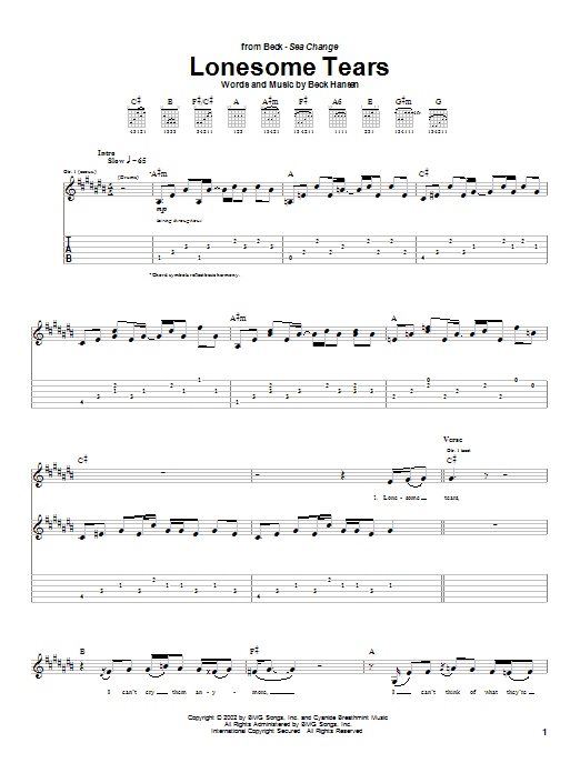 Beck Lonesome Tears Sheet Music Notes & Chords for Guitar Tab - Download or Print PDF