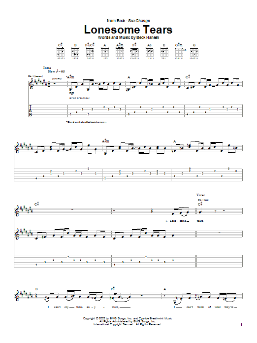 Preview Beck Lonesome Tears Rock sheet music, notes and chords for Guitar Tab, SKU: 25385 Lonesome Tears sheet music