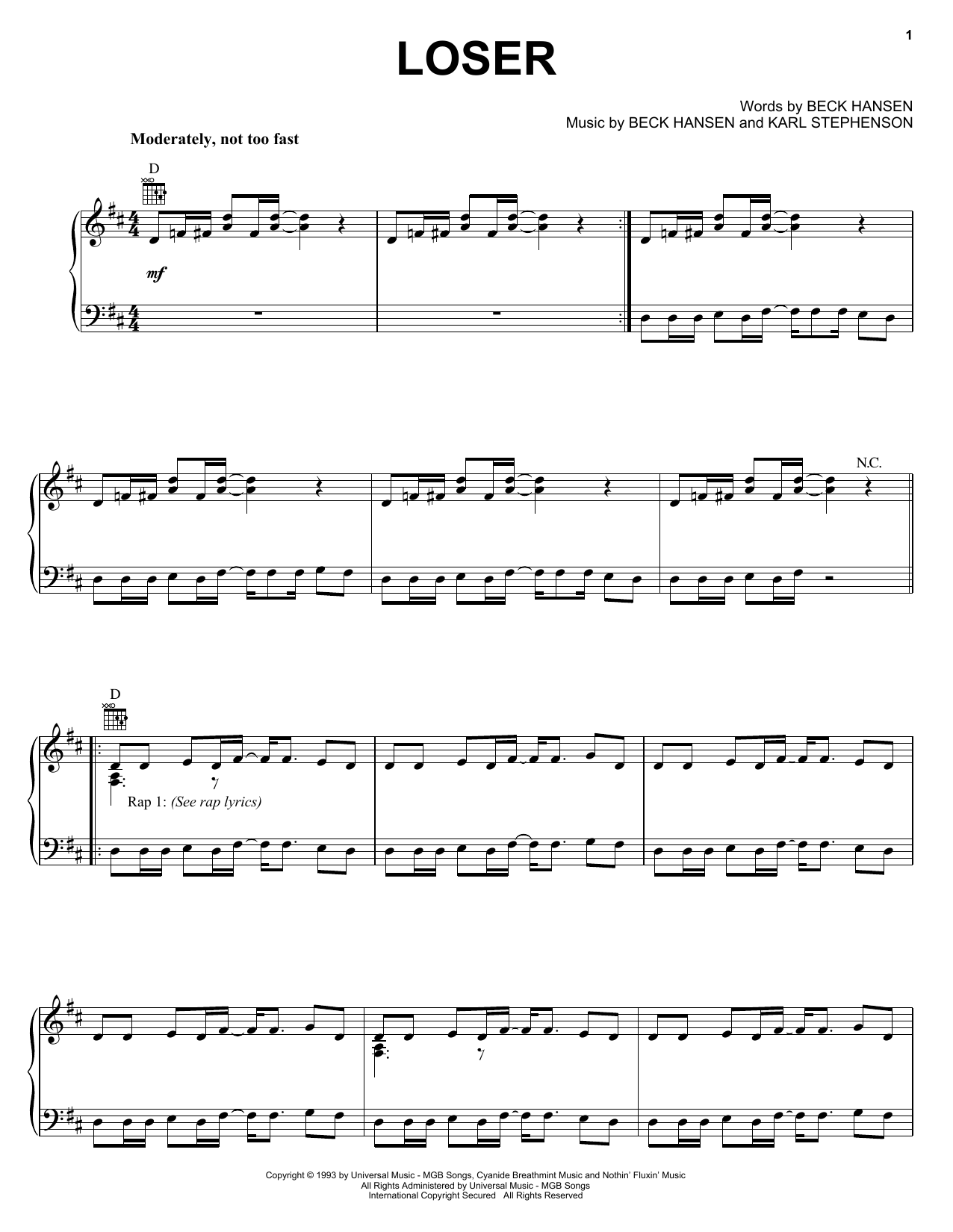 Beck Loser Sheet Music Notes & Chords for Melody Line, Lyrics & Chords - Download or Print PDF