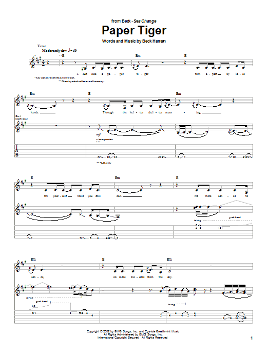 Preview Beck Paper Tiger Rock sheet music, notes and chords for Guitar Tab, SKU: 25387 Paper Tiger sheet music