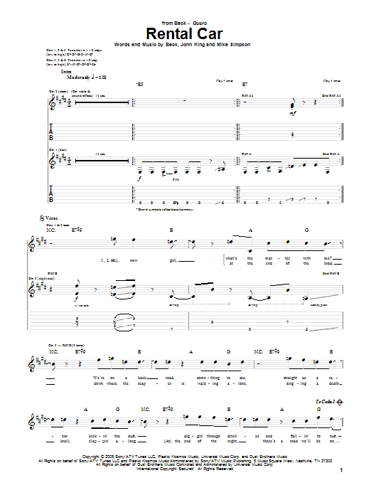 Beck Rental Car Sheet Music Notes & Chords for Guitar Tab - Download or Print PDF