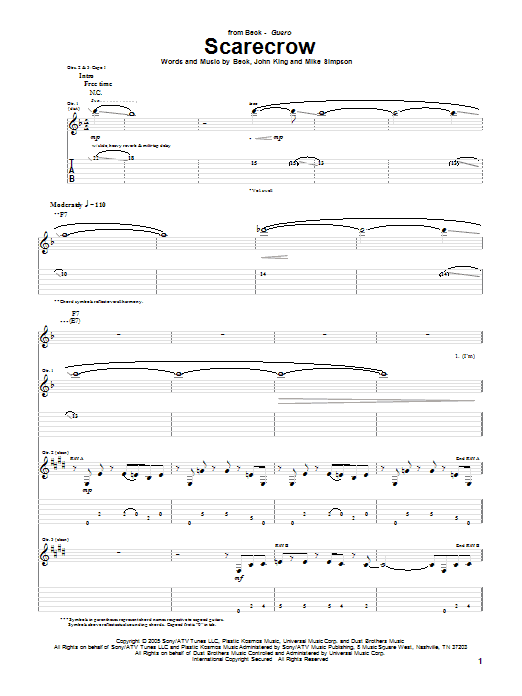 Beck Scarecrow Sheet Music Notes & Chords for Guitar Tab - Download or Print PDF