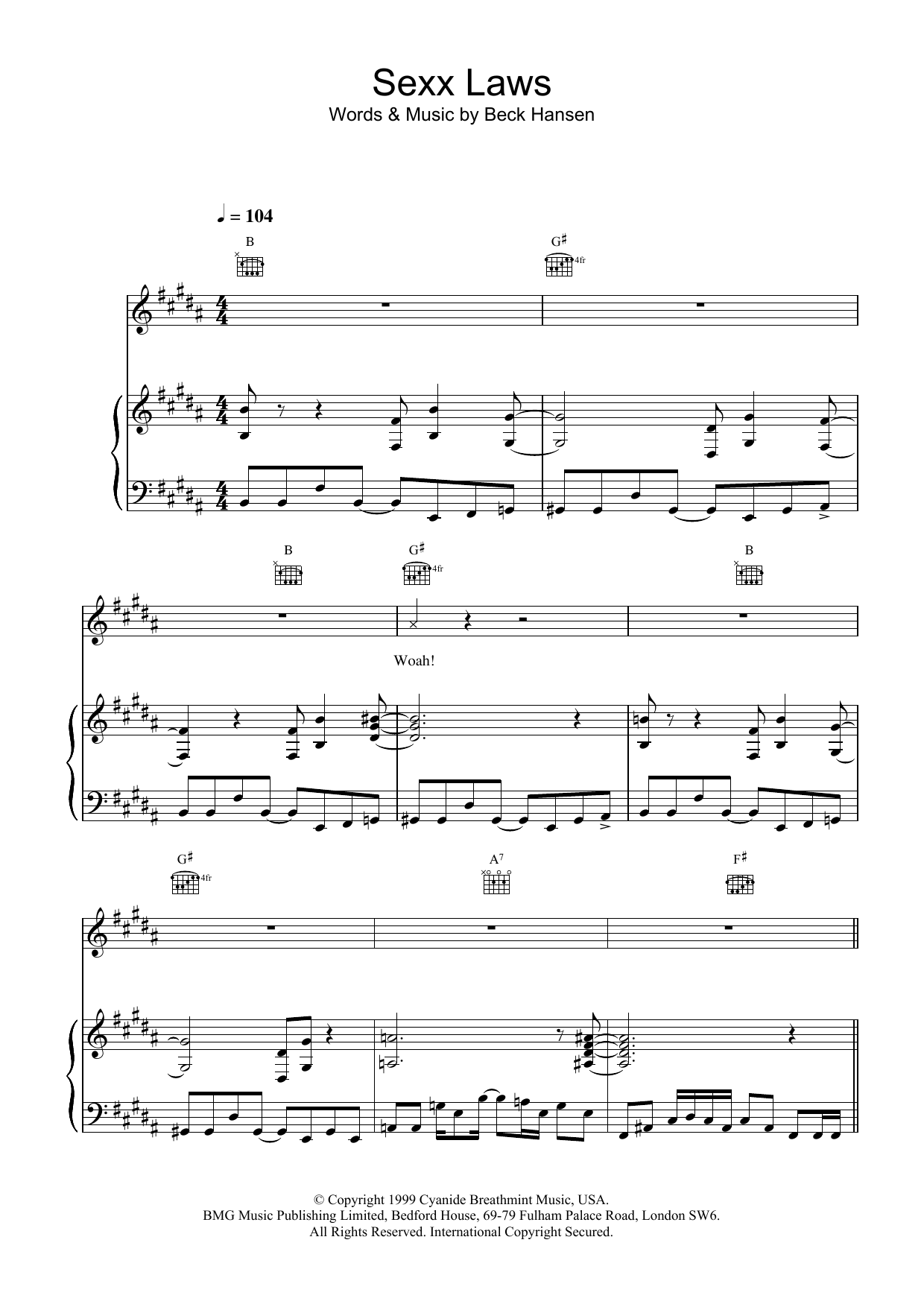 Preview Beck Sexx laws Rock sheet music, notes and chords for Piano, Vocal & Guitar, SKU: 13717 Sexx laws sheet music