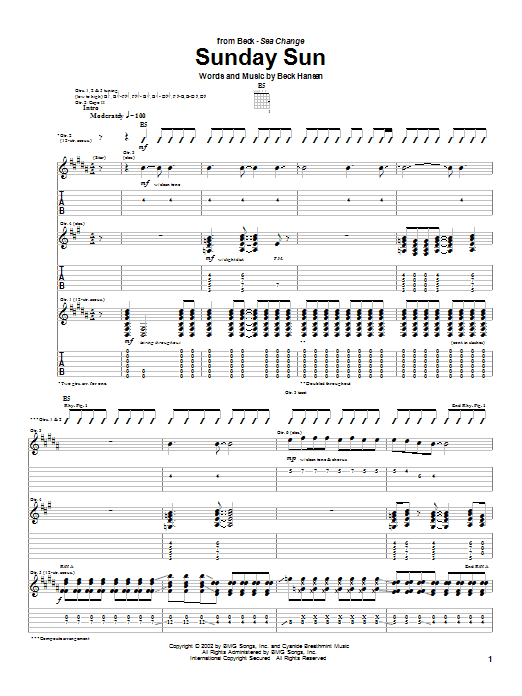 Preview Beck Sunday Sun Rock sheet music, notes and chords for Guitar Tab, SKU: 25390 Sunday Sun sheet music