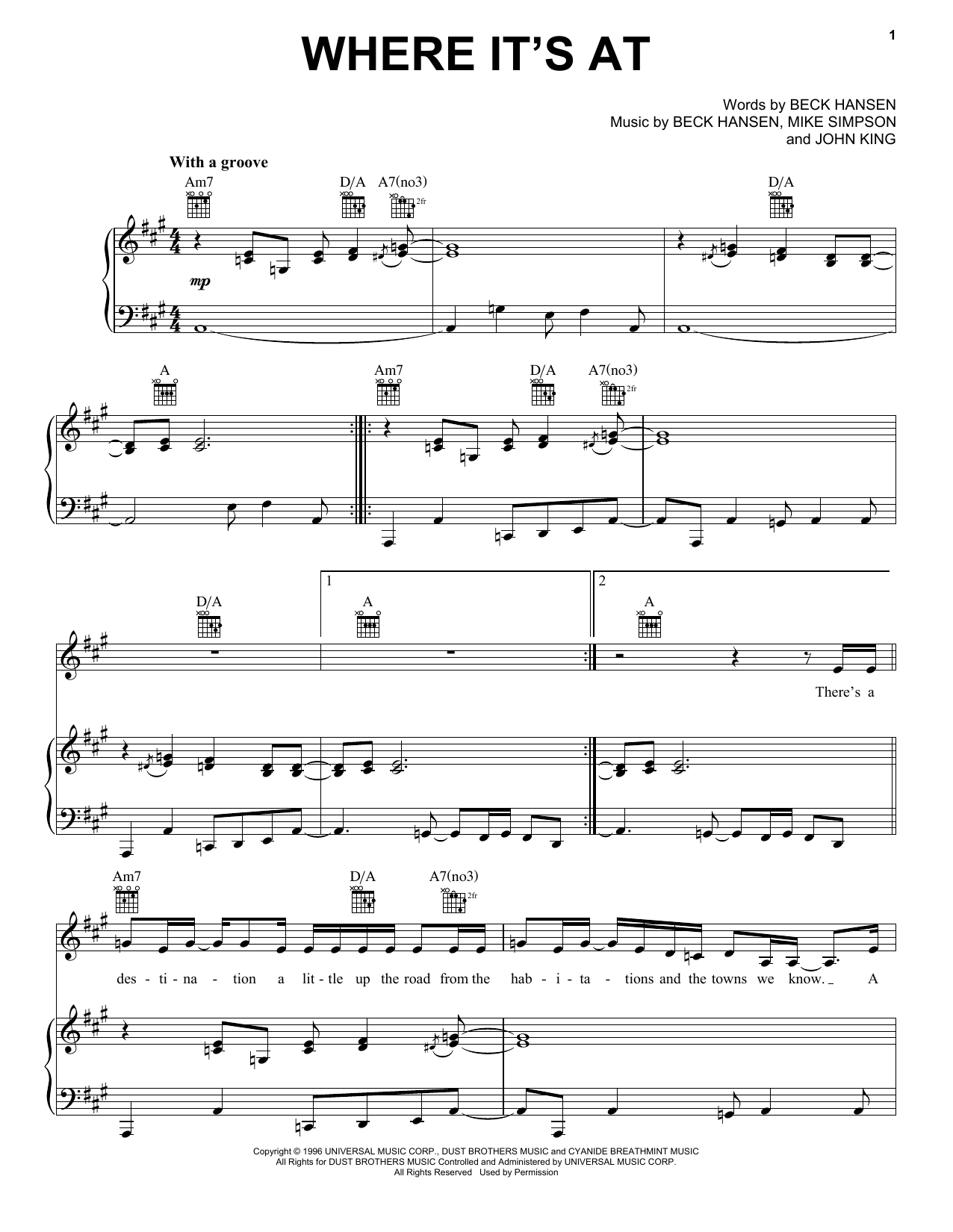 Beck Where It's At Sheet Music Notes & Chords for Piano, Vocal & Guitar (Right-Hand Melody) - Download or Print PDF
