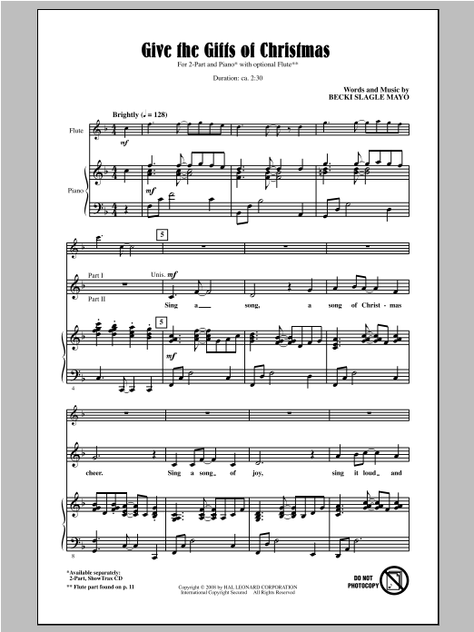 Becki Slagle Mayo Give The Gifts Of Christmas Sheet Music Notes & Chords for 2-Part Choir - Download or Print PDF