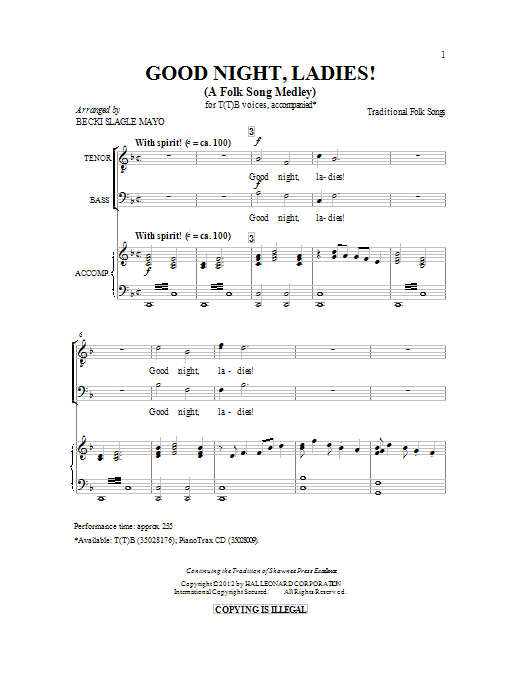 Becki Slagle Mayo Good Night, Ladies! (A Folk Song Medley) Sheet Music Notes & Chords for TTBB - Download or Print PDF