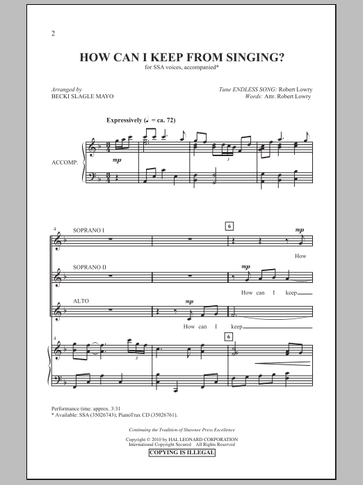 Becki Slagle Mayo How Can I Keep From Singing? Sheet Music Notes & Chords for SSA - Download or Print PDF