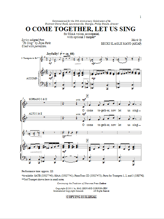 Becki Slagle Mayo O Come Together, Let Us Sing Sheet Music Notes & Chords for SSA - Download or Print PDF