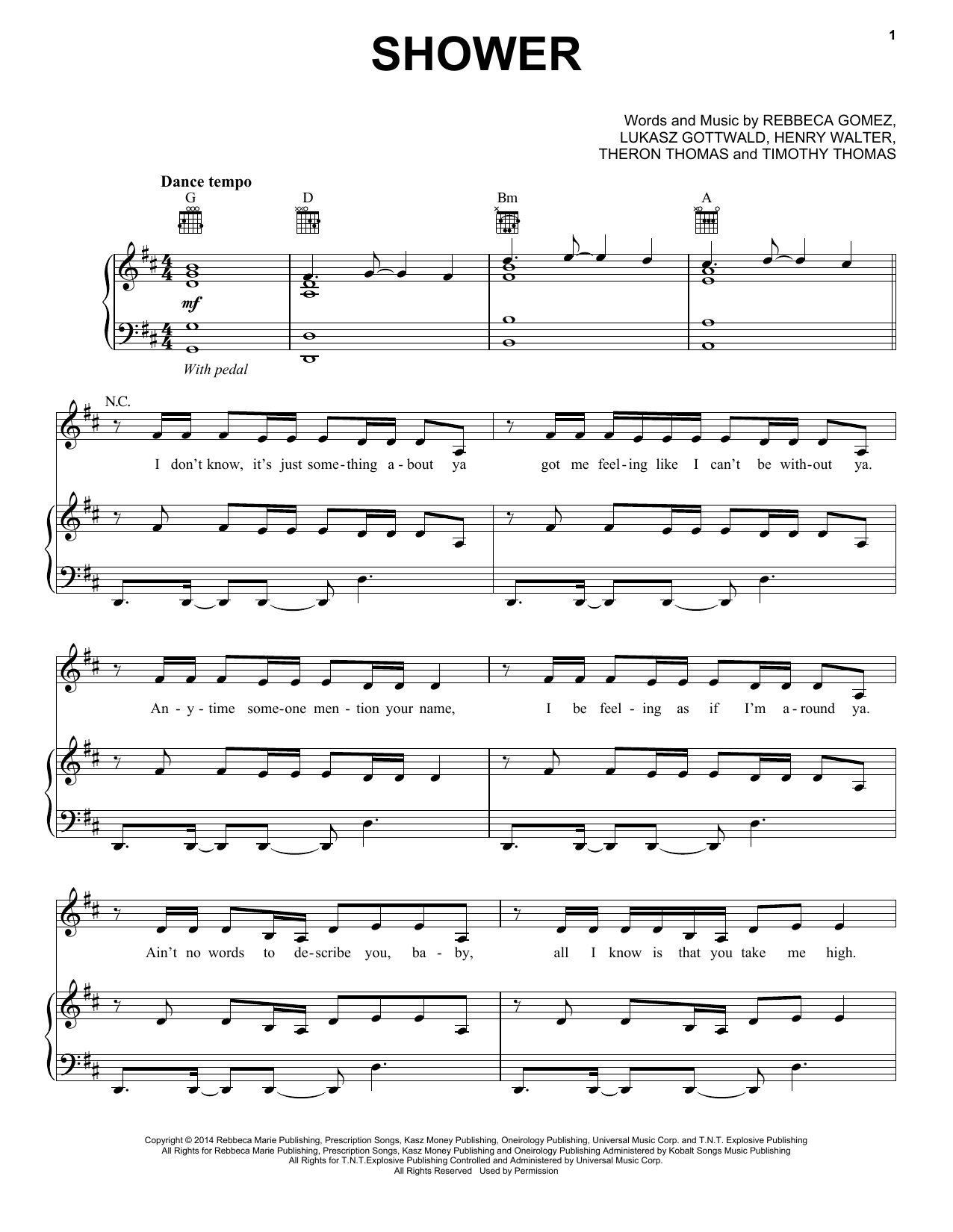 Becky G Shower Sheet Music Notes & Chords for Piano, Vocal & Guitar (Right-Hand Melody) - Download or Print PDF
