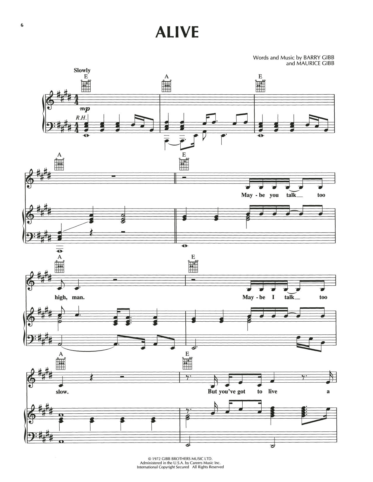 Bee Gees Alive Sheet Music Notes & Chords for Piano, Vocal & Guitar Chords (Right-Hand Melody) - Download or Print PDF