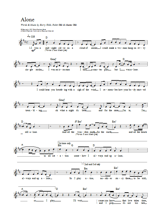 Bee Gees Alone Sheet Music Notes & Chords for Melody Line, Lyrics & Chords - Download or Print PDF
