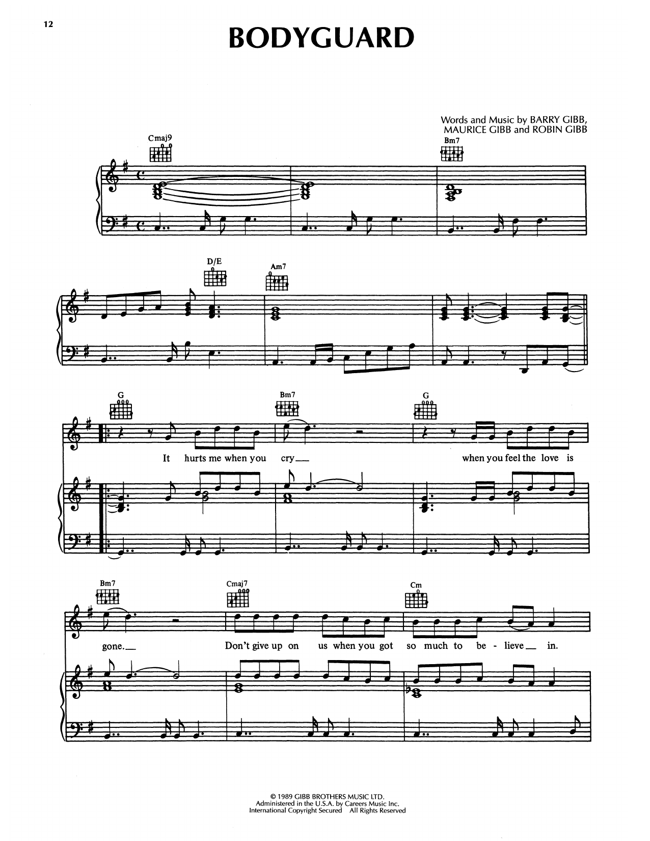 Bee Gees Bodyguard Sheet Music Notes & Chords for Piano, Vocal & Guitar Chords (Right-Hand Melody) - Download or Print PDF