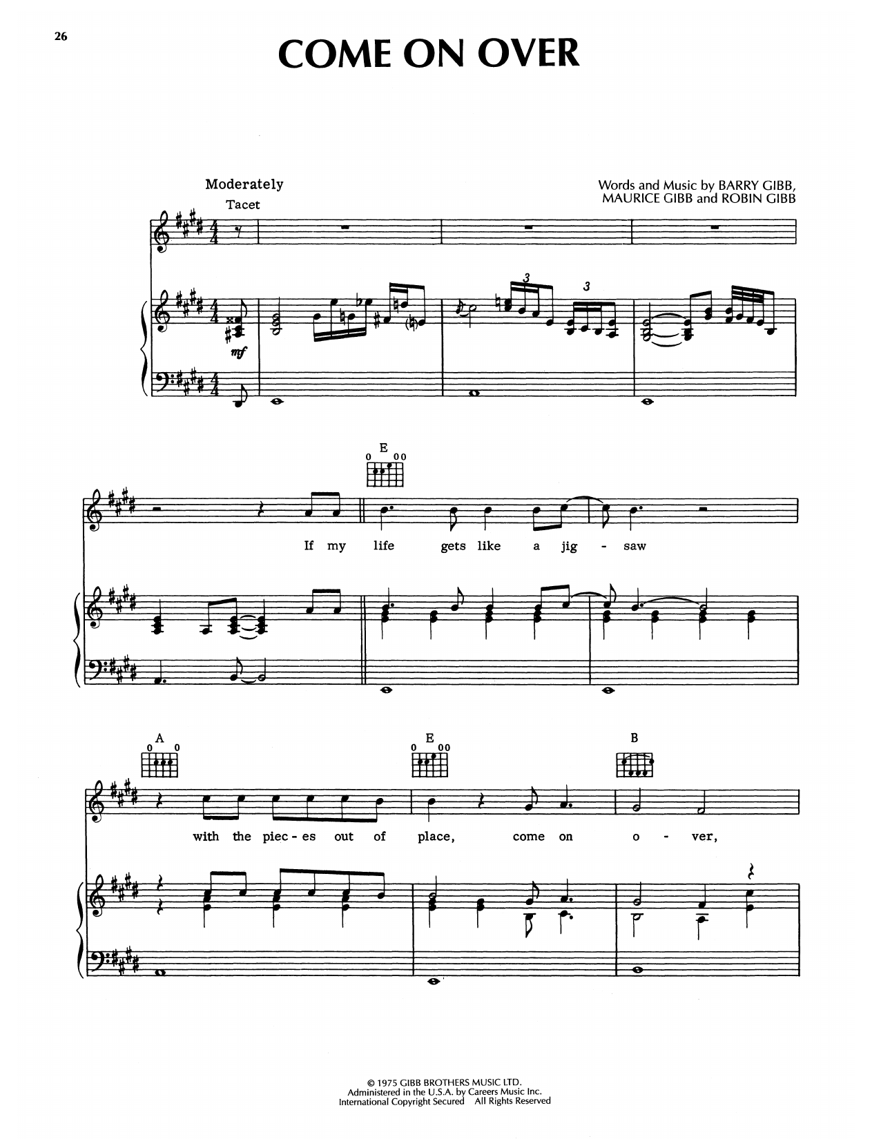 Bee Gees Come On Over Sheet Music Notes & Chords for Piano, Vocal & Guitar Chords (Right-Hand Melody) - Download or Print PDF