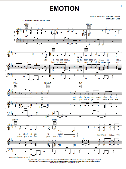 Bee Gees Emotion Sheet Music Notes & Chords for Piano, Vocal & Guitar (Right-Hand Melody) - Download or Print PDF Bee Gees Emotion Sheet Music Notes & Chords for Piano, Vocal & Guitar (Right-Hand Melody) - Download or Print PDF