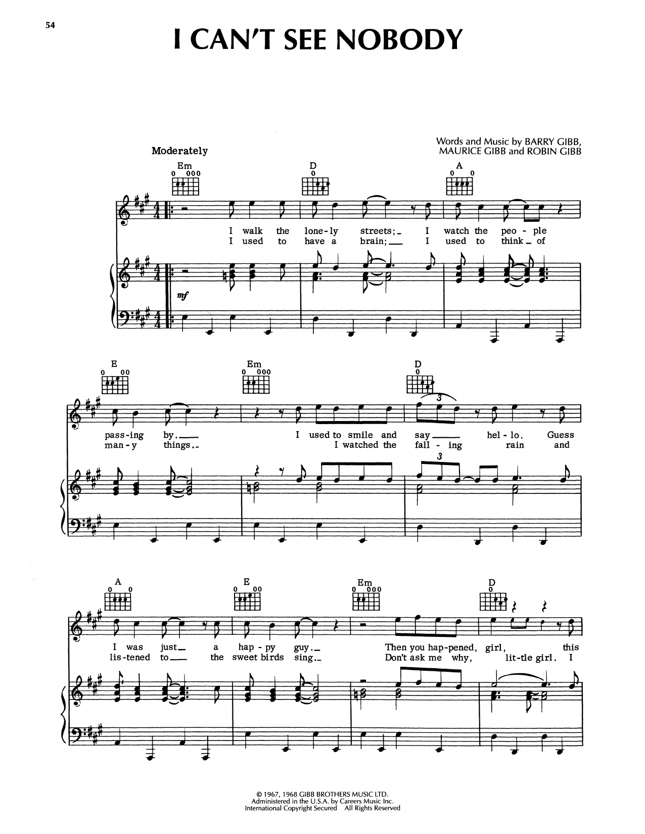 Bee Gees I Can't See Nobody Sheet Music Notes & Chords for Piano, Vocal & Guitar Chords (Right-Hand Melody) - Download or Print PDF