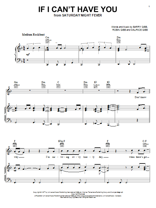 Bee Gees If I Can't Have You Sheet Music Notes & Chords for Piano, Vocal & Guitar (Right-Hand Melody) - Download or Print PDF